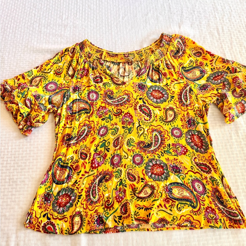 Democracy 1X Yellow Paisley Boho Peasant Blouse Smocked Neck Top